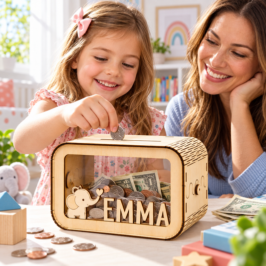 Child adding a coin to an Aurialia personalized wooden savings bank