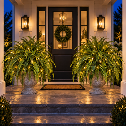 Two glowing artificial Boston fern arrangements framing an American front door at blue hour