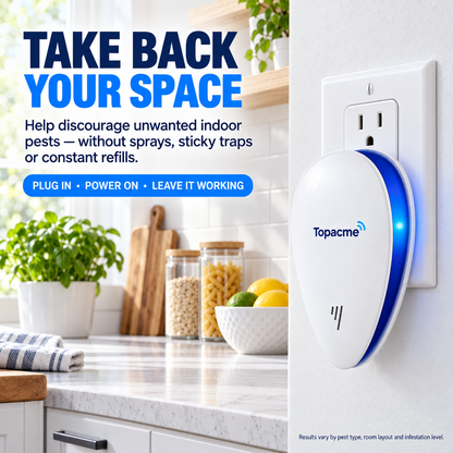 Topacme ultrasonic indoor pest repeller plugged into a kitchen wall outlet