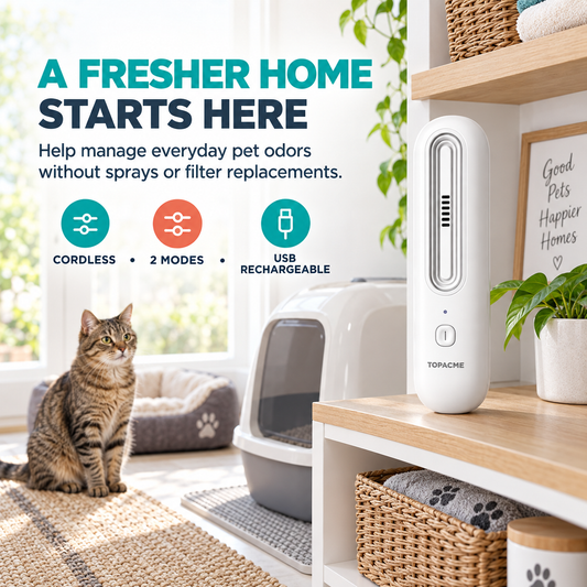 AI-generated Topacme cordless odor control device in a bright American pet area