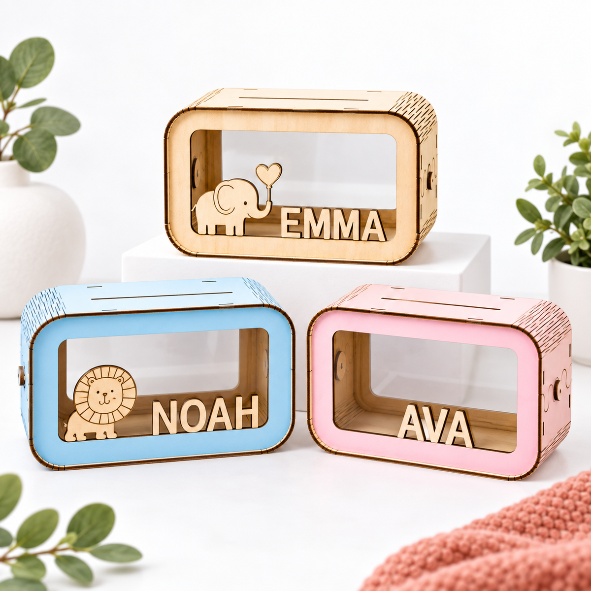 Natural wood, soft pink and sky blue personalized savings banks