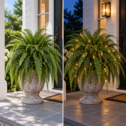 The same artificial Boston fern shown lush by day and glowing with warm lights at night