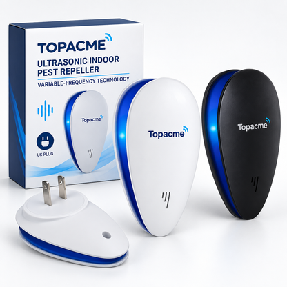 Topacme ultrasonic pest repeller in white and midnight black with branded retail packaging