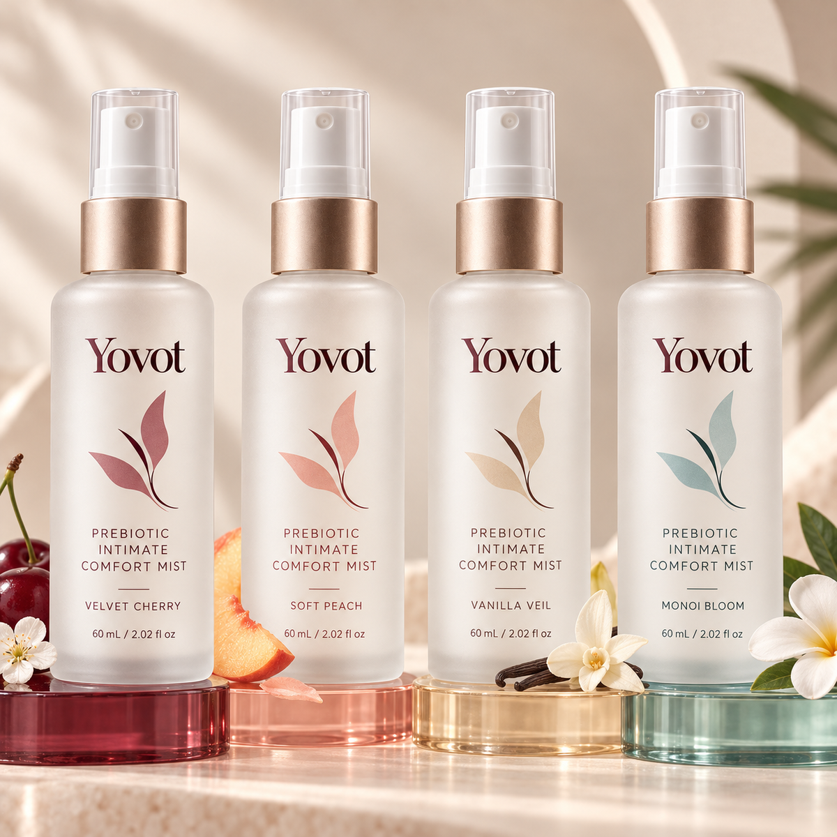 Four Yovot intimate comfort mist scent options in coordinated premium packaging