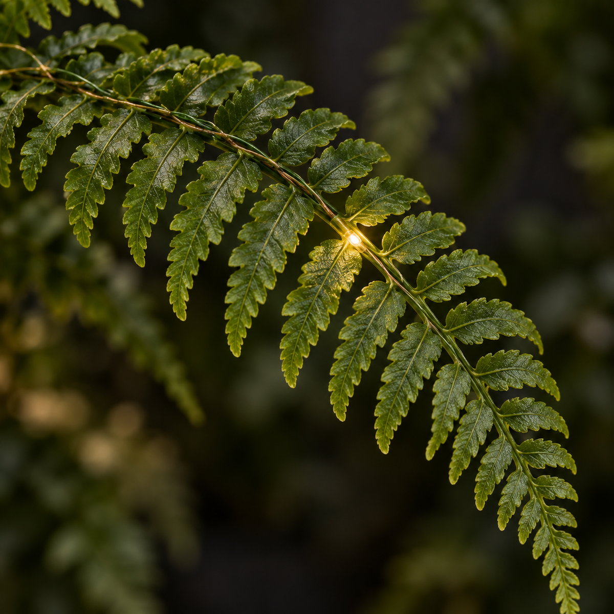 Close detail of a discreet warm-white micro light woven along a realistic Boston fern frond