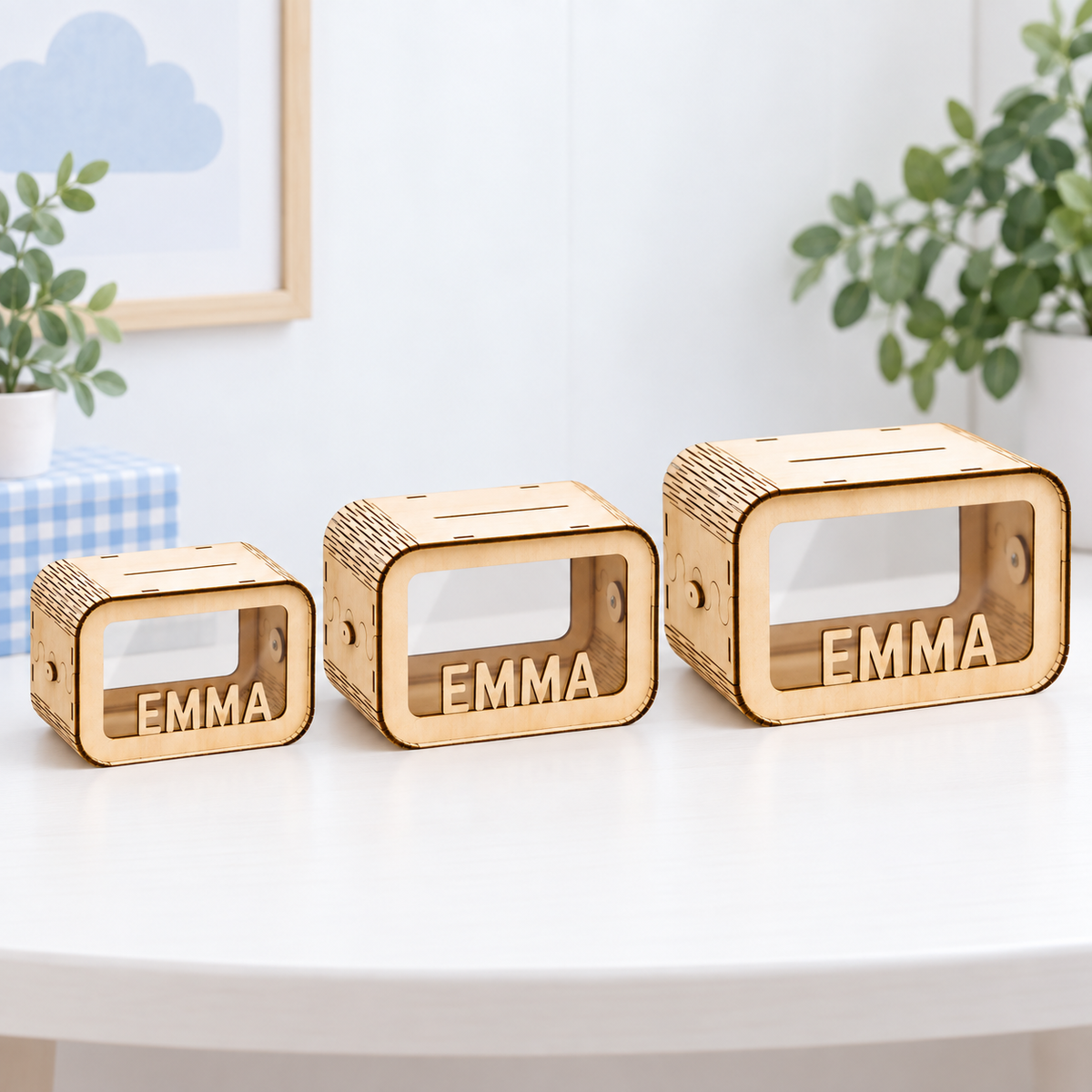Small, medium and large personalized wooden savings banks