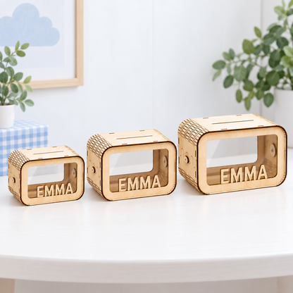 Small, medium and large personalized wooden savings banks