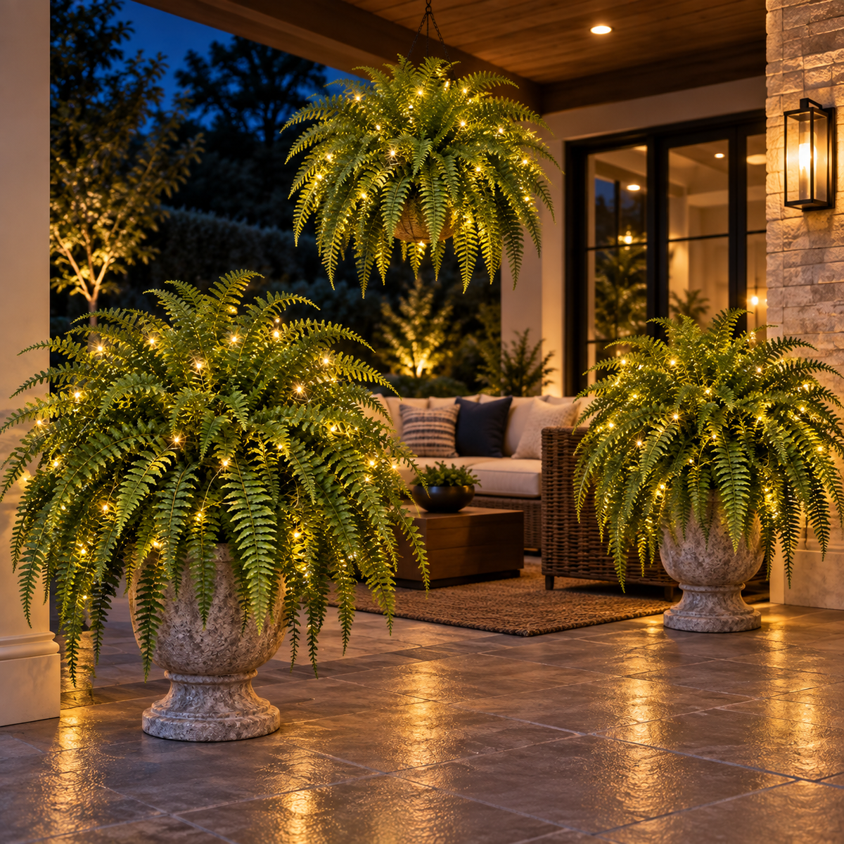 Glowing Boston fern arrangements transforming a covered patio with layered warm light