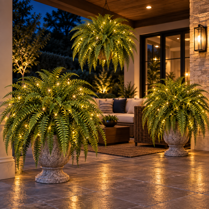 Glowing Boston fern arrangements transforming a covered patio with layered warm light