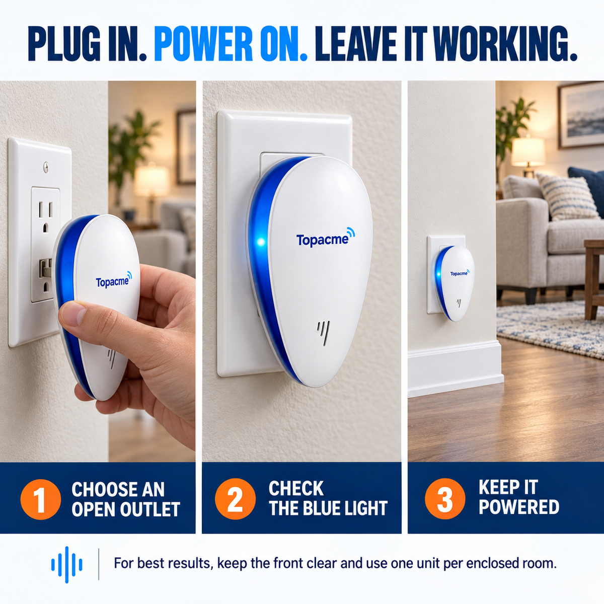 Three-step Topacme ultrasonic pest repeller setup guide
