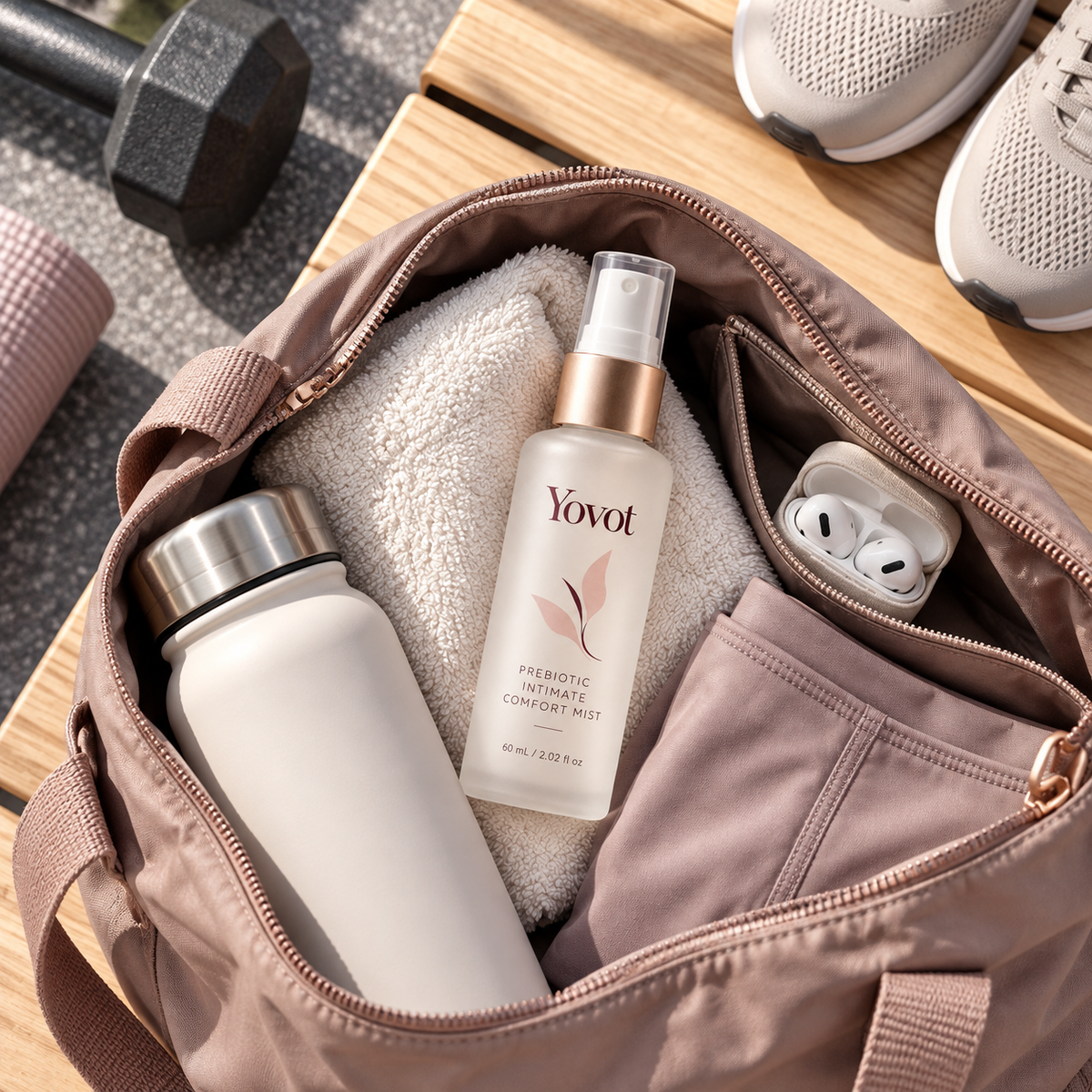 Compact Yovot personal care mist packed inside an organized gym bag
