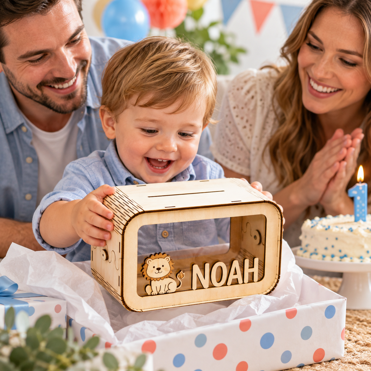 Personalized wooden savings bank presented as a first birthday gift