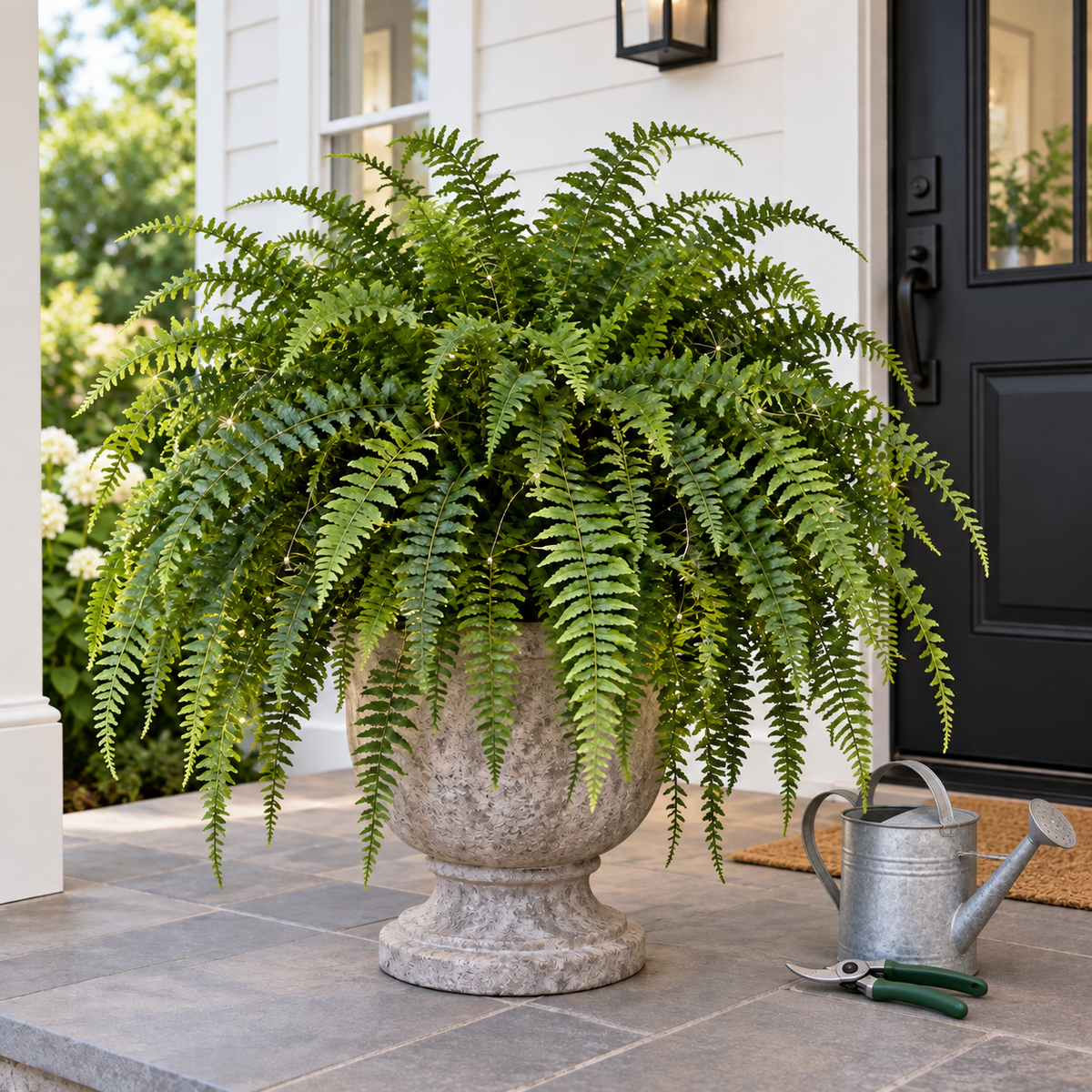 Lush faux Boston fern on a covered porch beside unused watering and pruning tools