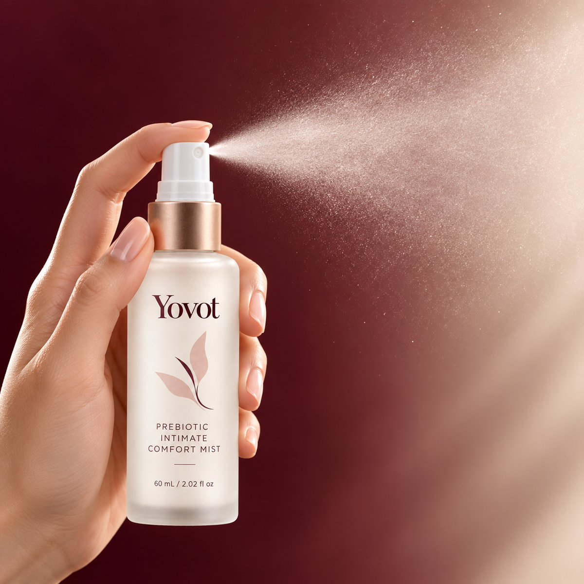 Close-up of the Yovot bottle releasing a light fine mist into the air