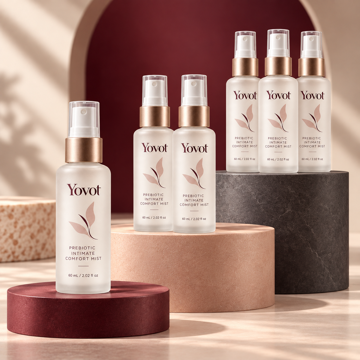 One, two and three bottle Yovot bundle sizes arranged on premium pedestals