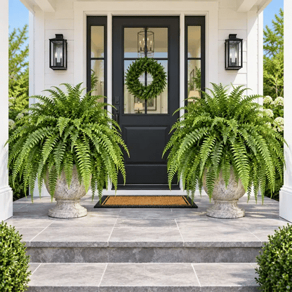 Animated day-to-night transformation of two glowing Boston fern porch arrangements