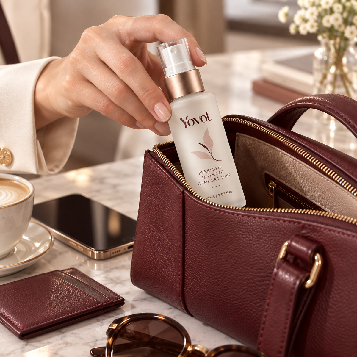 Compact Yovot mist being placed discreetly into a burgundy handbag