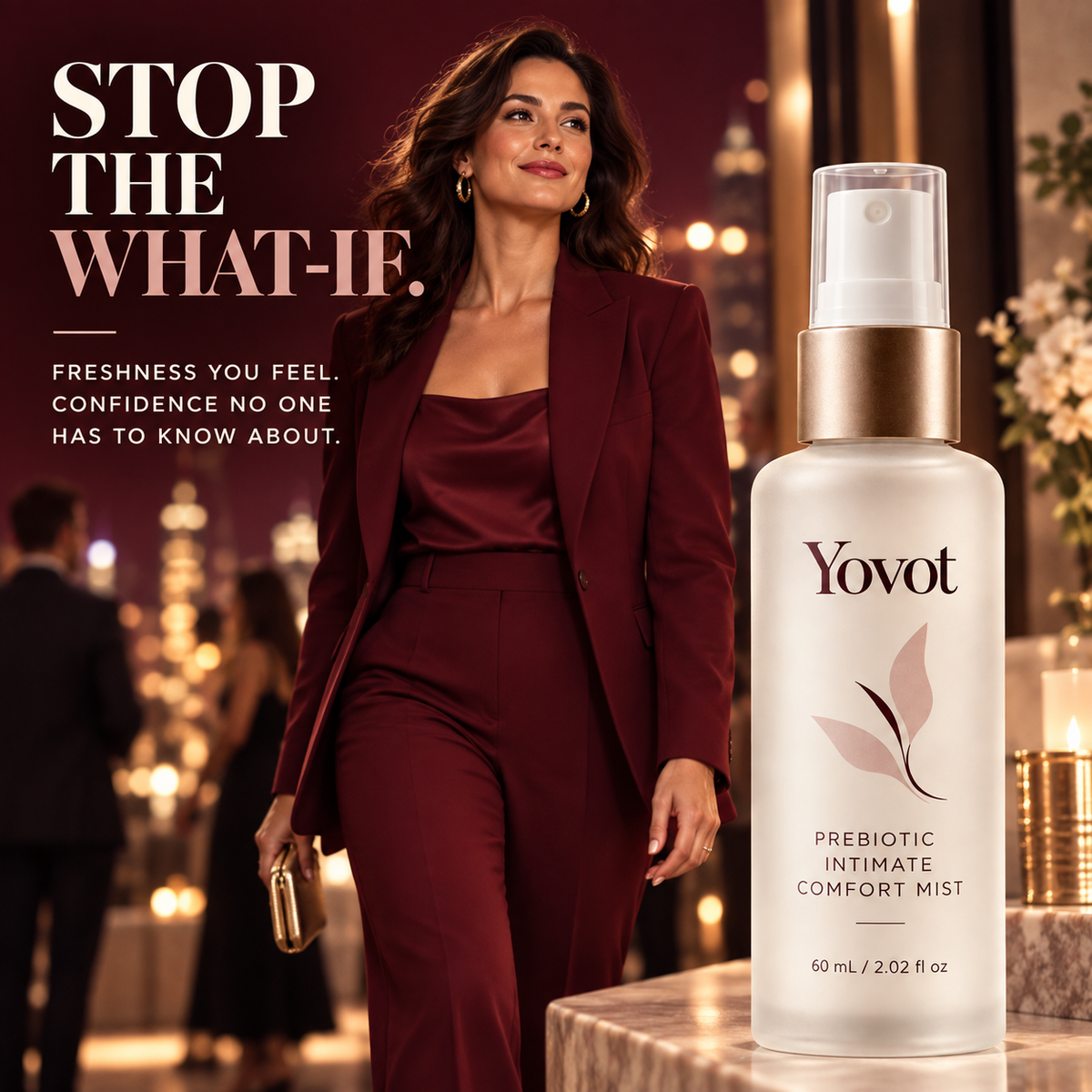 Yovot freshness campaign featuring a confident adult woman and the Stop the What-If message