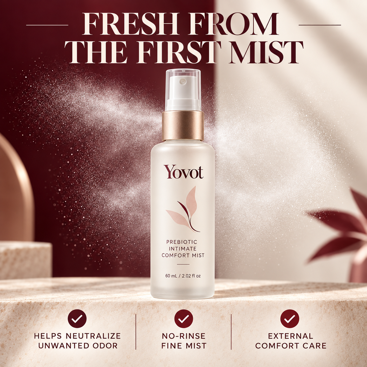 Yovot fine mist benefits including odor freshness, no-rinse convenience and external comfort care