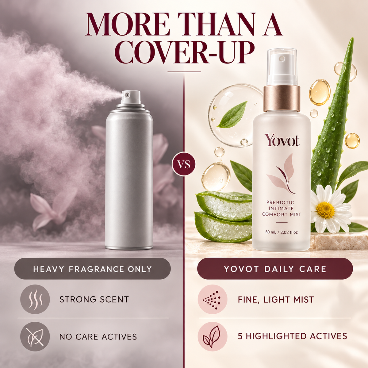 Comparison of heavy fragrance-only spray and Yovot fine mist with five highlighted cosmetic actives