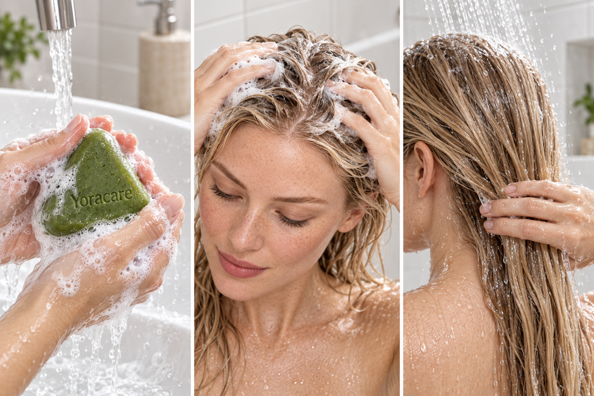 AI-generated usage illustration: lather, massage the scalp, and rinse