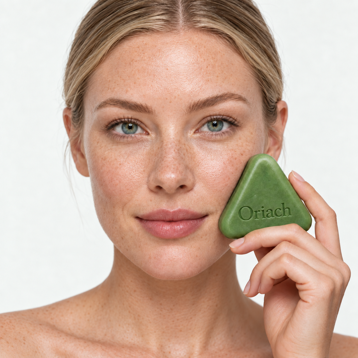 AI-generated campaign model holding the green Oriach scalp bar